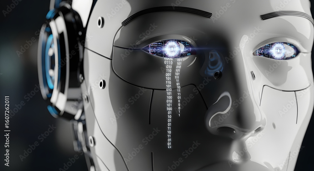 Poster advanced ai robot with binary code reflecting in its futuristic eye