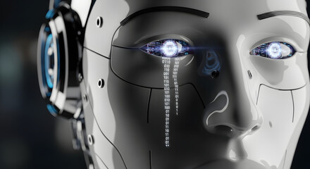 Advanced AI robot with binary code reflecting in its futuristic eye