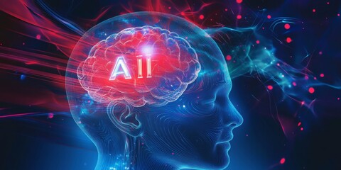 A human head with the letters "AI" inside, and digital brain waves moving around it
