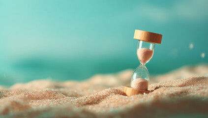 hourglass on sandy beach with ocean in background — symbol of time, vacation moments, perfect for travel blogs, mindfulness content, or philosophical articles	
