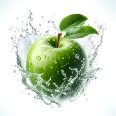  green apple splashing into canal water isolated on white background
