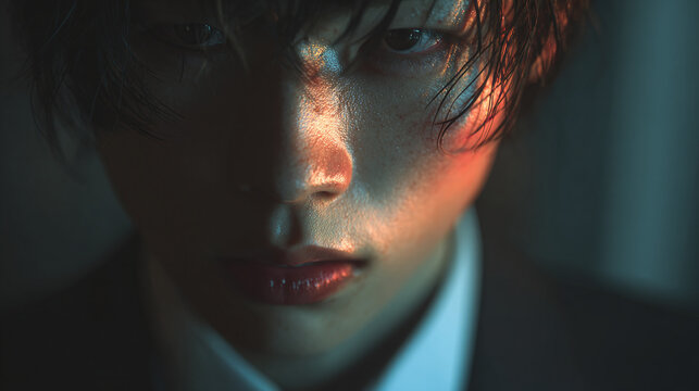 Intense close-up of an individual's face, illuminated by striking light and shadows, conveying a mood of vulnerability and determination.