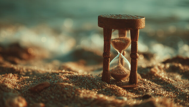 hourglass on sandy beach with ocean in background — symbol of time, vacation moments, perfect for travel blogs, mindfulness content, or philosophical articles	 - Powered by Adobe