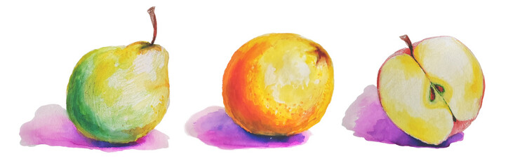Set of three Fruits - Apple, Pear, Orange. Hand-drawn Graphics - Watercolor and Colored Pencils, Transparent Background