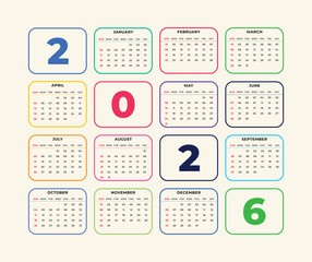 2026 year calendar. Desk planner template with 12 months. Week starts Sunday. Business schedule. Month date. 