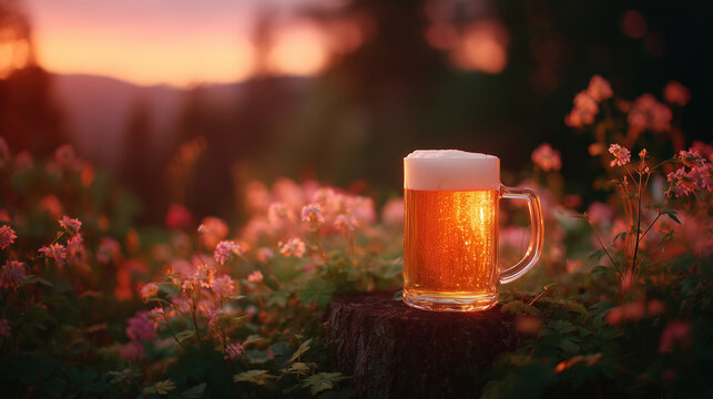 beer mug on a rustic tree stump in scenic mountain forest — perfect for International Beer Day visuals, hiking and travel ads, outdoor lifestyle campaigns, or craft beer promotions
