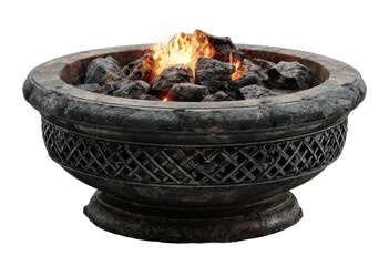 Captivating fire pit displaying flames and rocks patio decorative element evening ambiance isolated on transparent background