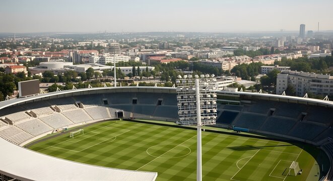 Aerial view of a vibrant soccer stadium with empty seats, a neatly patterned green field, and city skyline in the background on a sunny day. - Powered by Adobe