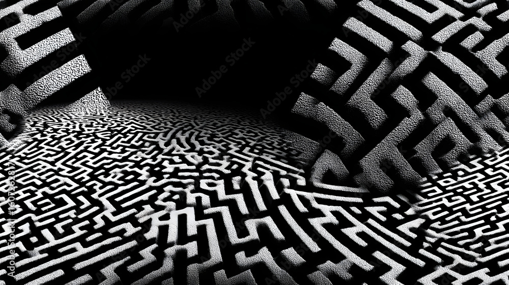 Aufkleber the image is a black and white photo of maze print pattern. the pattern is made up of various shapes