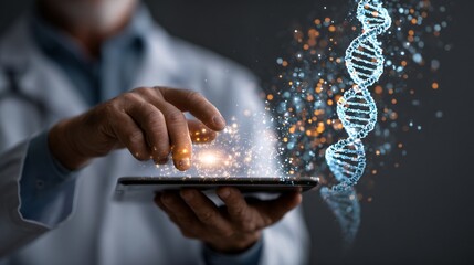 Scientist Using Tablet with Digital DNA Helix Visualization