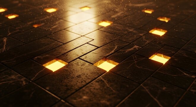 A grid of dark tiles with glowing yellow squares scattered across the surface creates an abstract, futuristic or technological scene. - Powered by Adobe