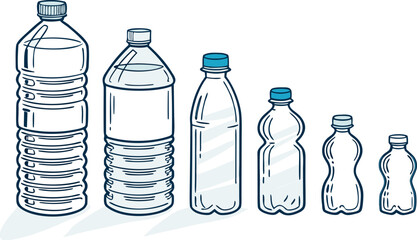 Many water bottles isolated on white. a vector illustration of a lineup of various plastic water bottles in increasing size. ach bottle should have a distinct design,