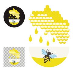 Honey drops from honeycomb dripping into glass plate. Vector image: honeycomb, honey, bee, honey collection.