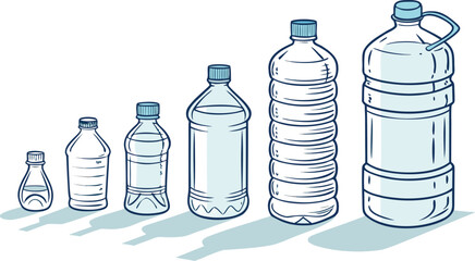 Many water bottles isolated on white. a vector illustration of a lineup of various plastic water bottles in increasing size. ach bottle should have a distinct design,