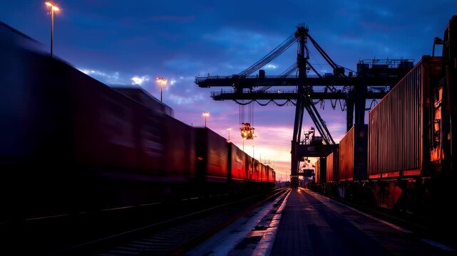 The scene captures a bustling port during twilight where an intermodal crane silhouetted against the sunset performs a seamless transfer of containers from a massive vessel to an adjacent