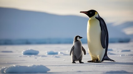 A Majestic Emperor Penguin and its Chick on Antarctic Ice