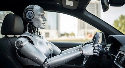 A futuristic scene unfolds as a humanoid robot pilots a vehicle, embodying the convergence of technology and transportation in an urban setting.