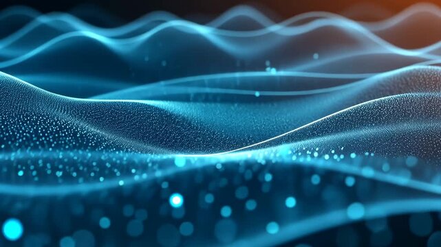 Dynamic abstract digital wave pattern with glowing particles and fluid motion