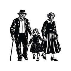 grandparents walking with granddaughter vector silhouette