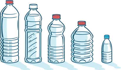 Many water bottles isolated on white. a vector illustration of a lineup of various plastic water bottles in increasing size. ach bottle should have a distinct design,