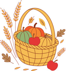 Autumn Harvest Basket with Pumpkins Apples and Wheat