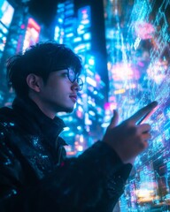 A young man in glasses, wearing dark and looking at the screen of his phone, stands against the backdrop of an abstract digital city with glowing elements