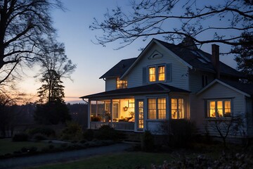Warmly Lit House at Dusk, Serene Countryside Evening Scene