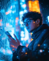 A young man in glasses, wearing dark and looking at the screen of his phone, stands against the backdrop of an abstract digital city with glowing elements