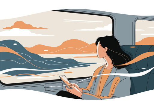 Illustration of a woman on a scenic train journey, looking out the window while holding a smartphone, embodying wanderlust and contemplation.