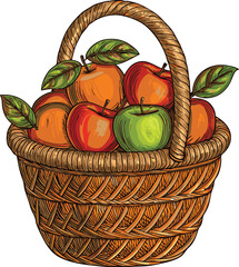 Hand Drawn Basket of Fresh Red and Green Apples