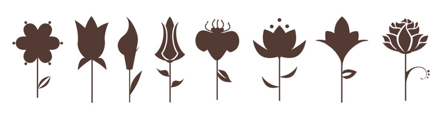 Simple black flower icons, minimalist floral designs, geometric petals, monochrome graphic elements, repeating pattern, symmetrical shapes, retro style flower
