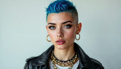 High-res portrait of a young punk woman with bold hairstyle and edgy fashion on white background.
