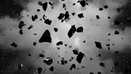 Dynamic black debris exploding outwards through white smoke and dust creating an intense abstract motion background visual effect perfect for cinematic projects
