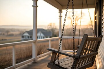 Serene Sunset View from a Rustic Porch Swing Gently Swaying in the Breeze