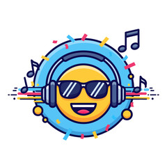 A smiling yellow emoji wearing sunglasses and headphones surrounded by musical notes and colorful confetti.