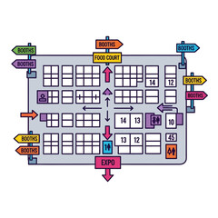 Overhead schematic of an expo floor plan, showing booth layouts, food court location, restrooms, and entrance/exit points, with colorful directional signage.