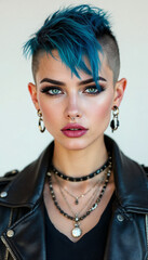 High-res portrait of a young punk woman with bold hairstyle and edgy fashion on white background.
