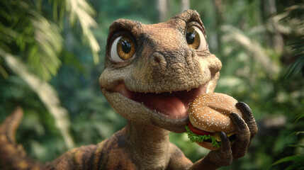 Obraz premium A cartoon dinosaur holding a burger with lettuce and tomato in a jungle environment background