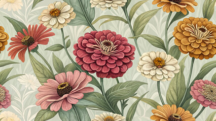 Digital seamless floral pattern illustration. Colorful Zinnia flowers in natural colors. High resolution. Designed for printing on fabric or wallpaper or textiles.