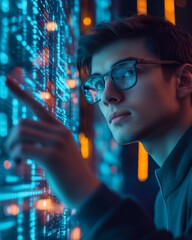 A young man with glasses is interacting with digital data on the screen, creating an atmosphere of futuristic technology and night city lights
