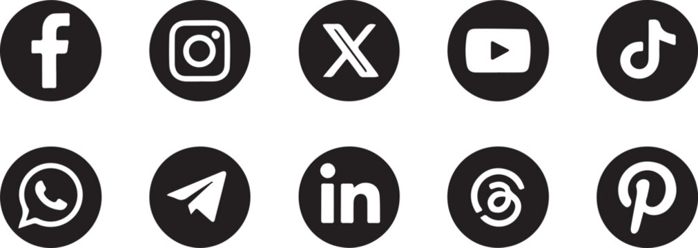 social media vector icon set for facebook instagram x youtube tiktok whatsapp telegram linkedin thread pinterest