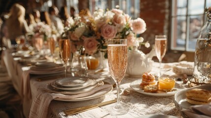 Elegant Table Setting for Festive Celebration with Flowers and Drinks