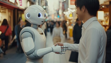 Photo of an AI robot and human shaking hands, representing the integration between artificial intelligence technology and business product 