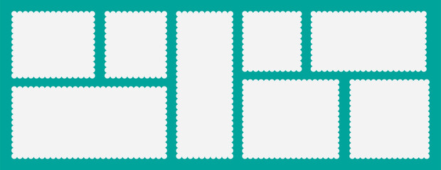 Set of postage stamps in white with zigzag edges in horizontal and square format, arranged symmetrically in two rows. Templates for design. Vector illustration