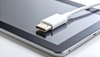 Close-up of a white USB-C cable connected to a gray tablet