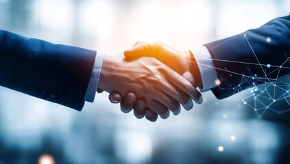 Photo of an AI robot and human shaking hands, representing the integration between artificial intelligence technology and business product 