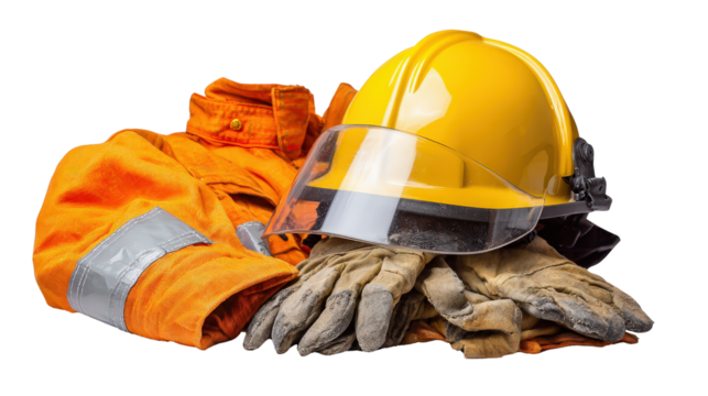 Firefighting helmet and gloves placed next to suit background isolated on a Transparent background, PNG file.