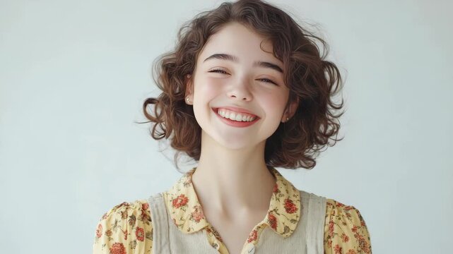 Girl with curly hair wearing patterned blouse, smiling brightly.