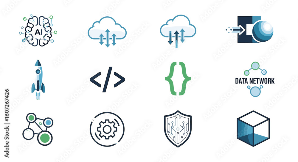 Poster a collection of tech icons representing artificial intelligence, cloud computing, data network and c
