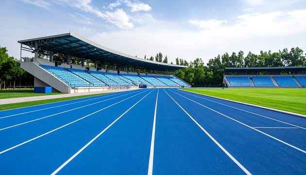 Blue running track and stadium under a partly cloudy sky - Powered by Adobe